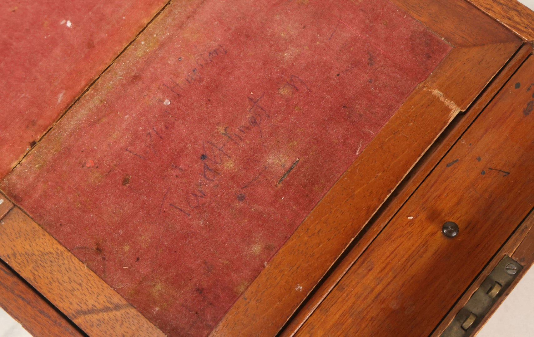 Lot 096 - Antique Lift Top Writing Lap Desk With Interior Compartments, Red Felt, With Original Inkwell