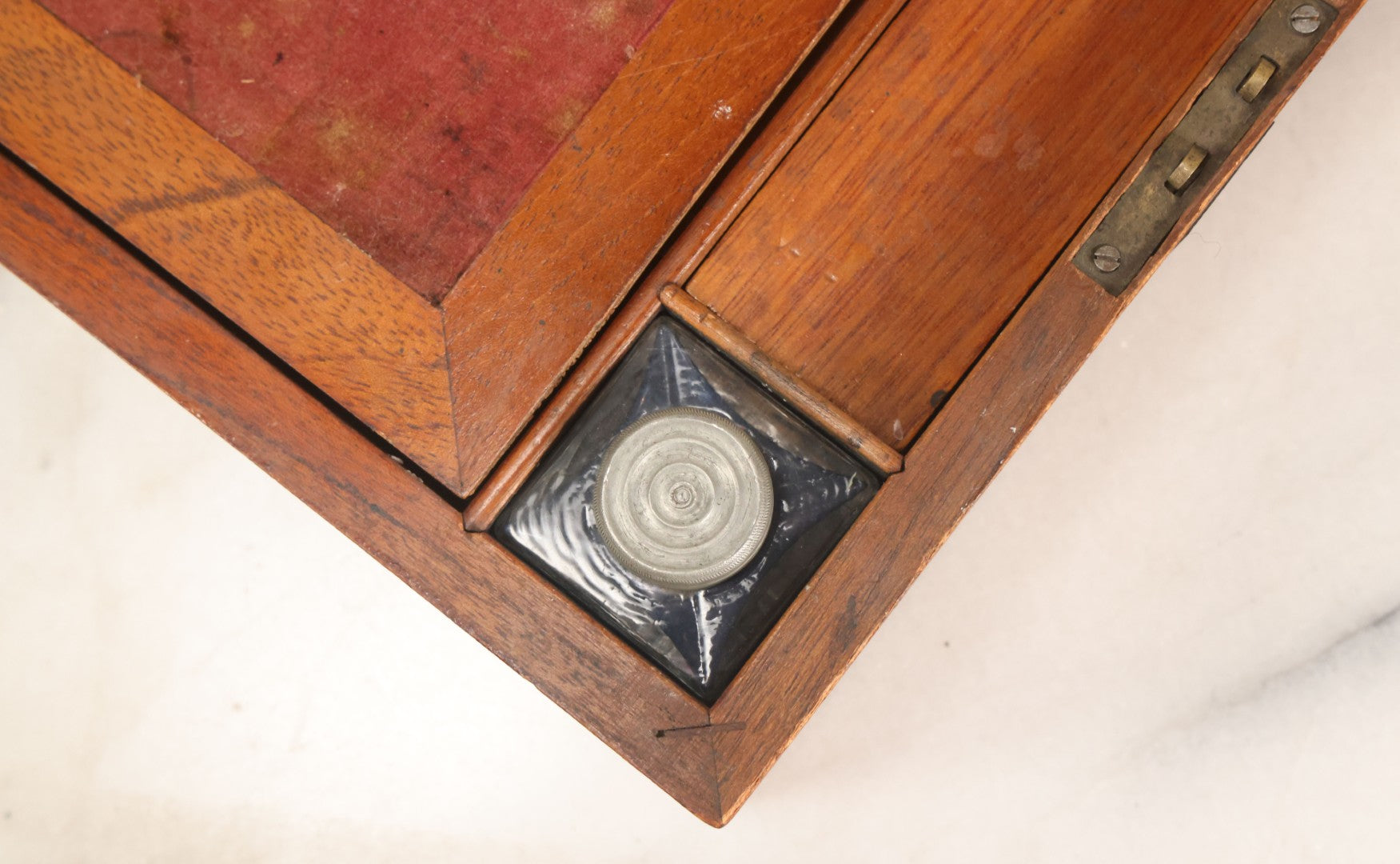 Lot 096 - Antique Lift Top Writing Lap Desk With Interior Compartments, Red Felt, With Original Inkwell