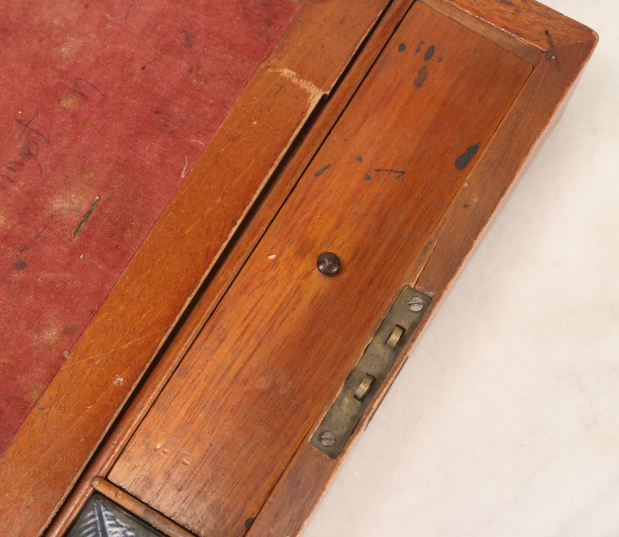 Lot 096 - Antique Lift Top Writing Lap Desk With Interior Compartments, Red Felt, With Original Inkwell