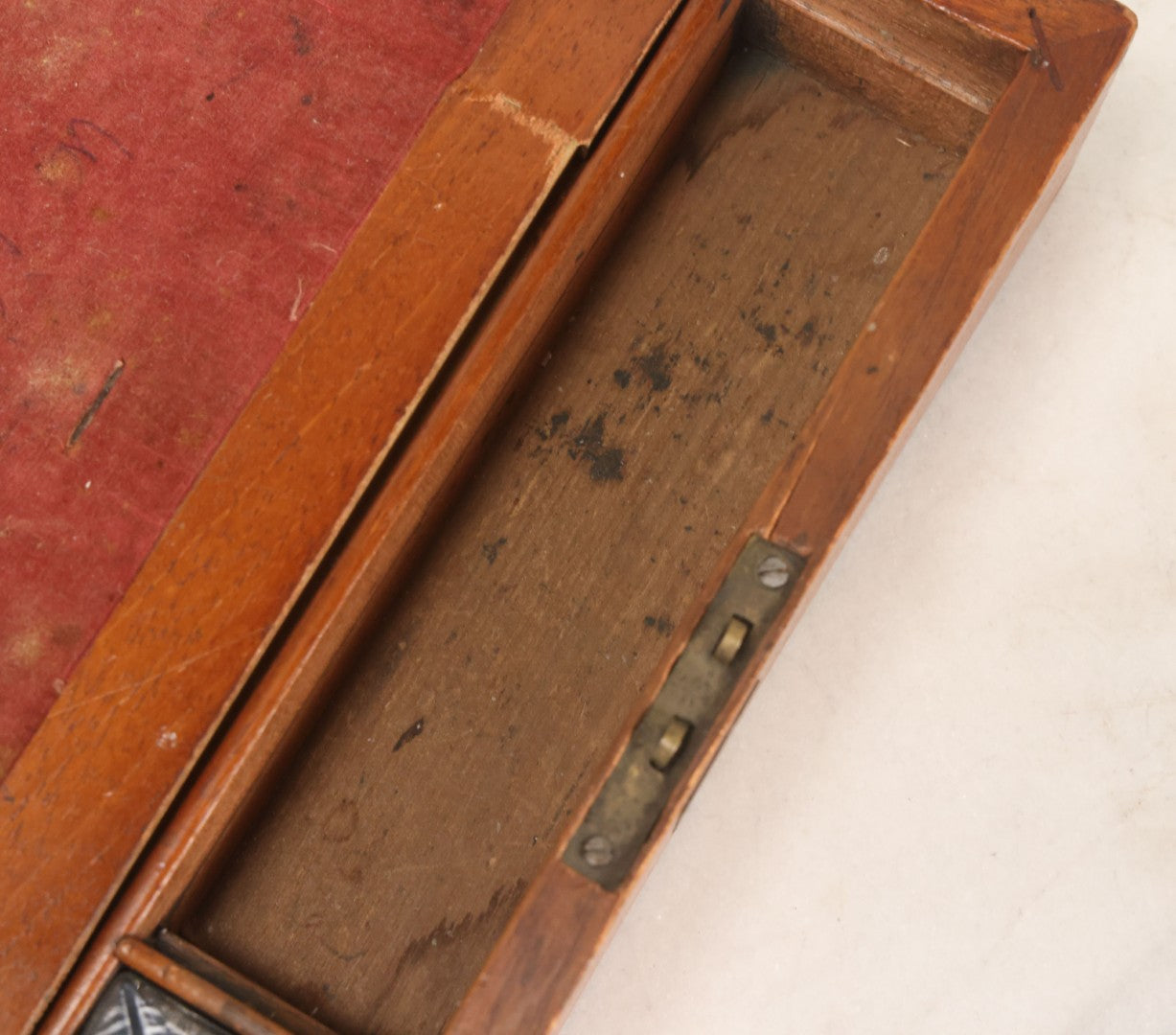 Lot 096 - Antique Lift Top Writing Lap Desk With Interior Compartments, Red Felt, With Original Inkwell