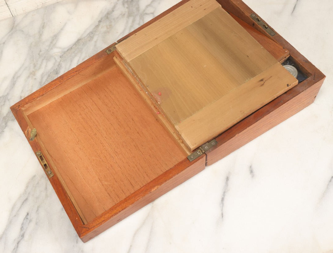 Lot 096 - Antique Lift Top Writing Lap Desk With Interior Compartments, Red Felt, With Original Inkwell