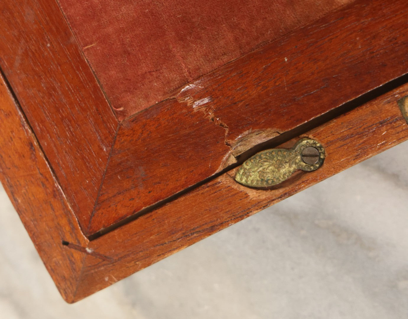 Lot 096 - Antique Lift Top Writing Lap Desk With Interior Compartments, Red Felt, With Original Inkwell