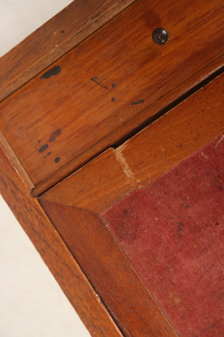 Lot 096 - Antique Lift Top Writing Lap Desk With Interior Compartments, Red Felt, With Original Inkwell