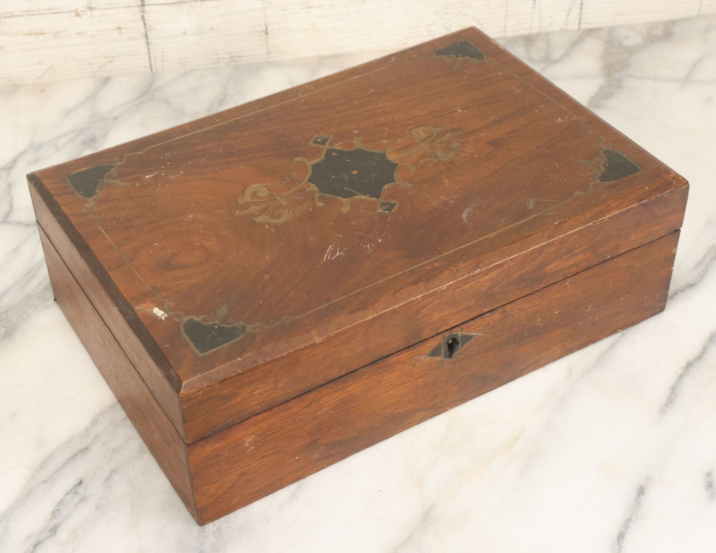 Lot 097 - Antique Wooden Eastlake Decorated Document Box With Engraved Details, Gold, Black Paint, Hinged Lid