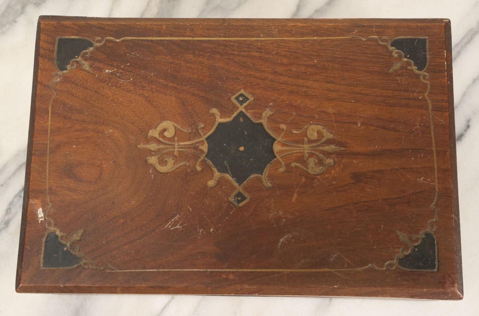 Lot 097 - Antique Wooden Eastlake Decorated Document Box With Engraved Details, Gold, Black Paint, Hinged Lid