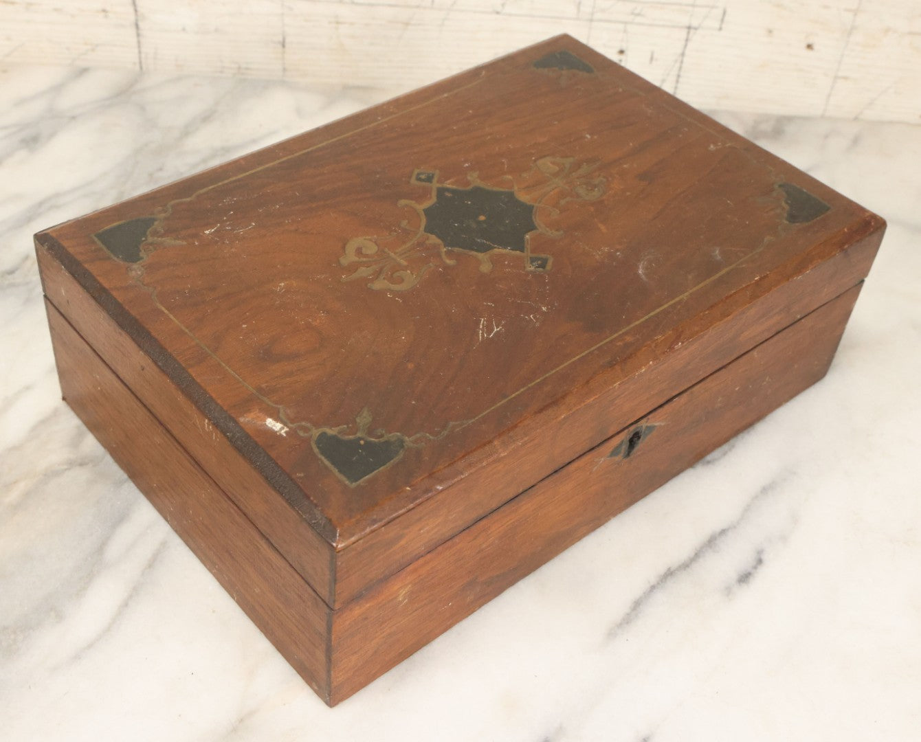 Lot 097 - Antique Wooden Eastlake Decorated Document Box With Engraved Details, Gold, Black Paint, Hinged Lid