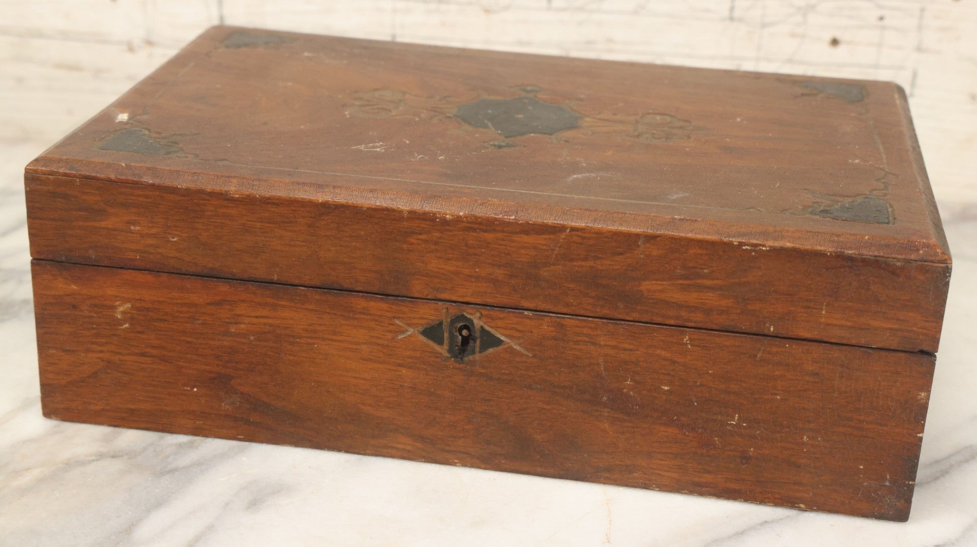 Lot 097 - Antique Wooden Eastlake Decorated Document Box With Engraved Details, Gold, Black Paint, Hinged Lid