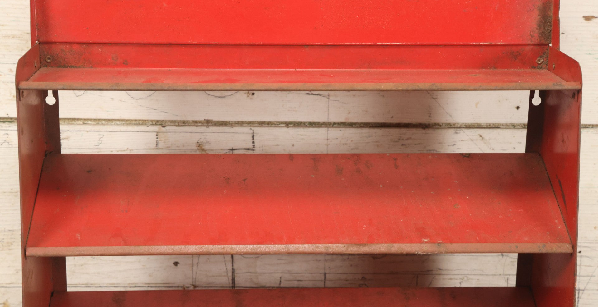 Lot 098 - Vintage Biltrite "Women's Thin Rubber Heels" Metal Shoe Repair Store Display, Red Advertising Shelf, "Get Longer Wear By Shoe Repair," Approximately 16" Wide, 17" Tall