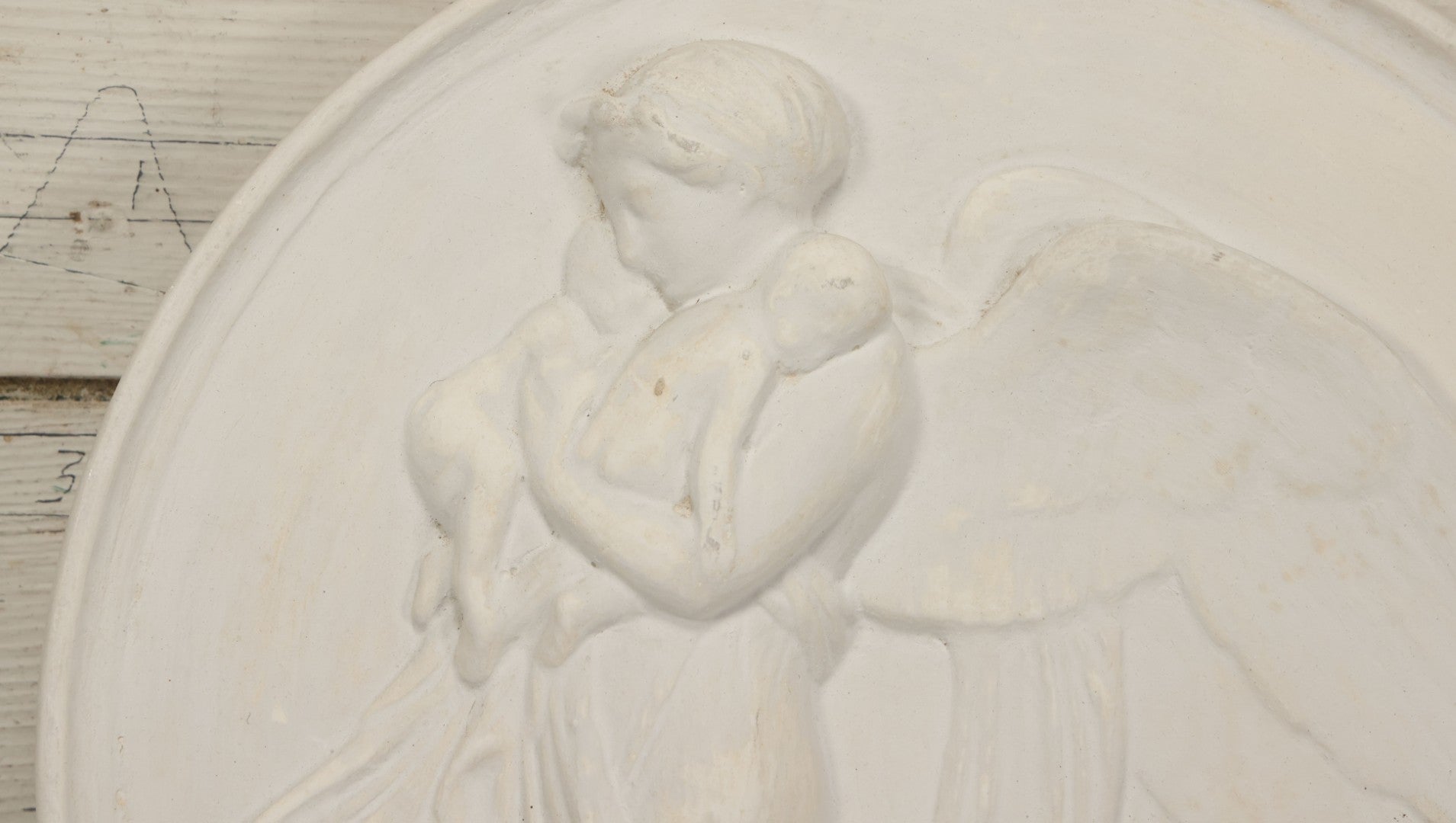 Lot 099 - Vintage White Plaster Relief Plaque, Winged Angel Holding Child, With Owl, 13-3/8" Diameter
