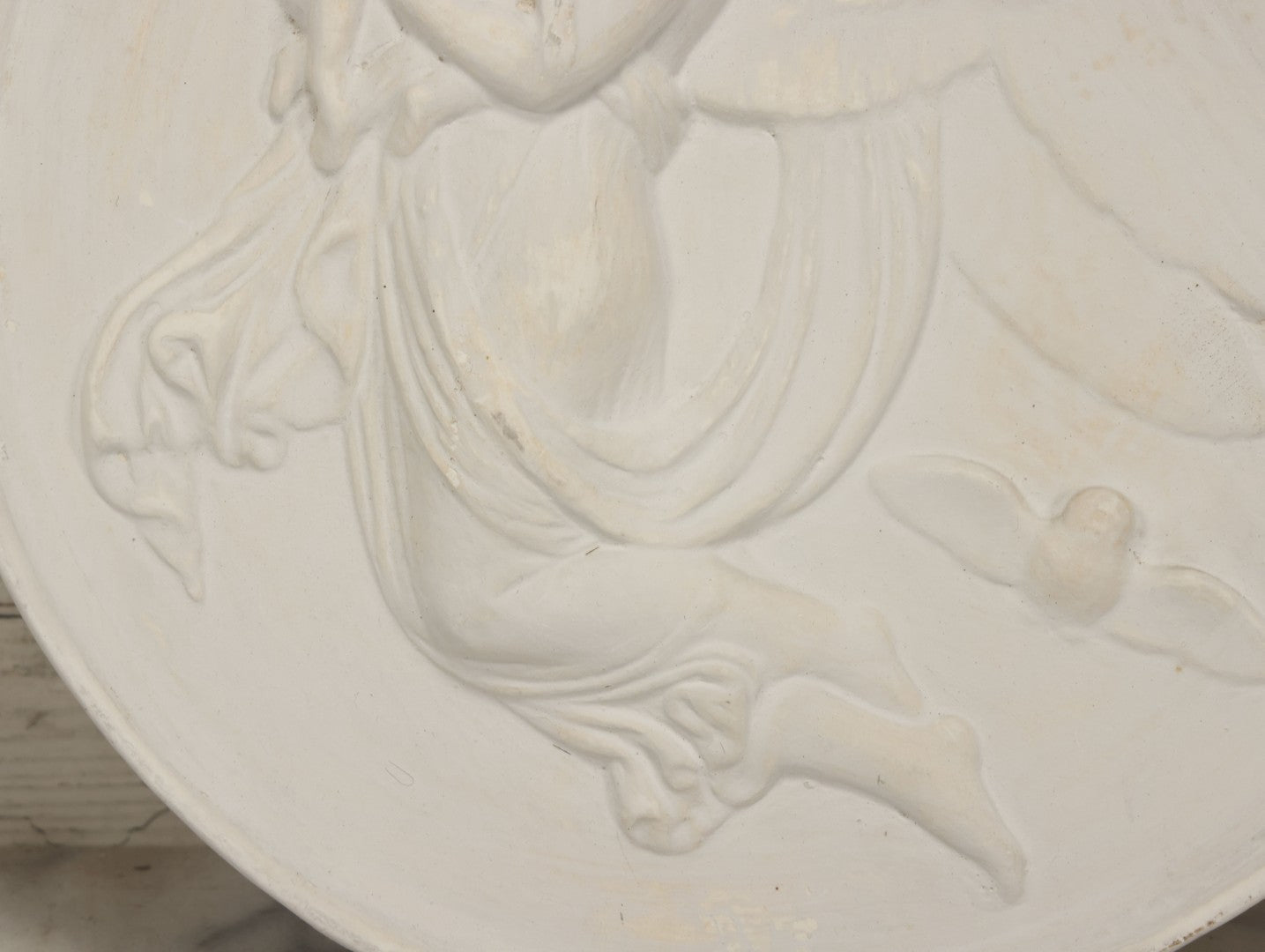 Lot 099 - Vintage White Plaster Relief Plaque, Winged Angel Holding Child, With Owl, 13-3/8" Diameter
