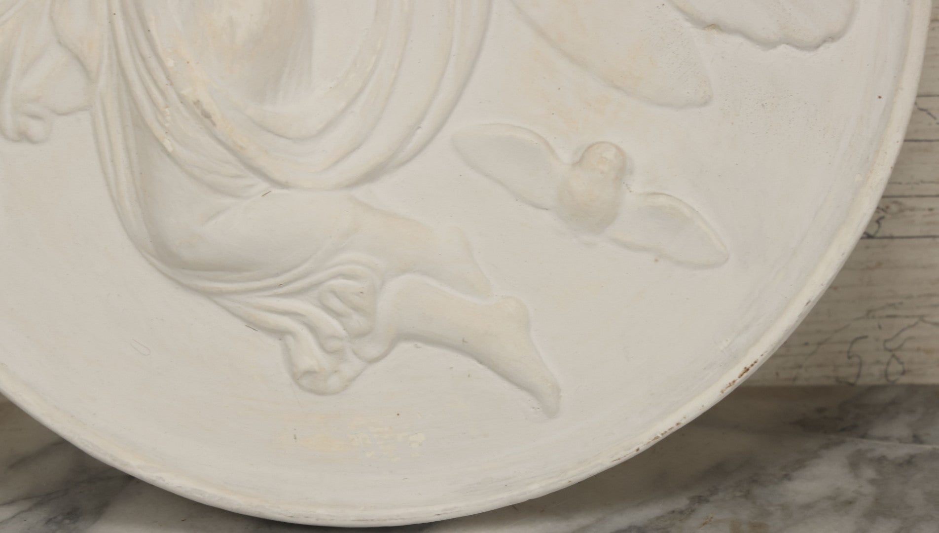 Lot 099 - Vintage White Plaster Relief Plaque, Winged Angel Holding Child, With Owl, 13-3/8" Diameter