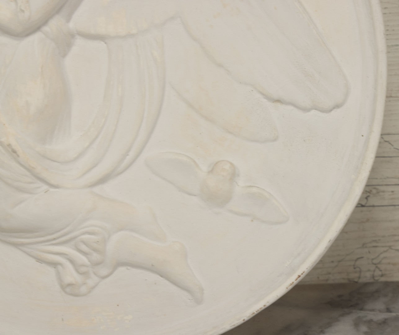 Lot 099 - Vintage White Plaster Relief Plaque, Winged Angel Holding Child, With Owl, 13-3/8" Diameter