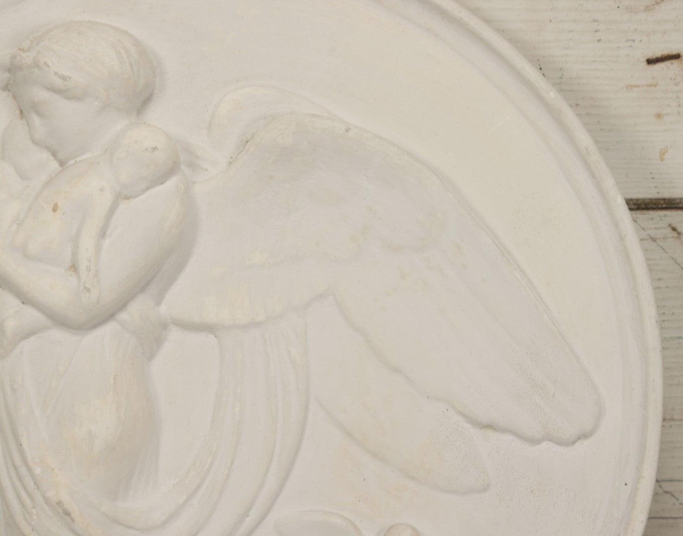 Lot 099 - Vintage White Plaster Relief Plaque, Winged Angel Holding Child, With Owl, 13-3/8" Diameter