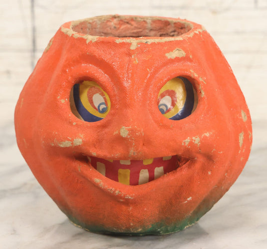 Lot 011 - Vintage Paper Pulp Papier Mache Halloween Jack-O-Lantern J.O.L With Grinning Expression, Original Colored Insert, 5" Tall