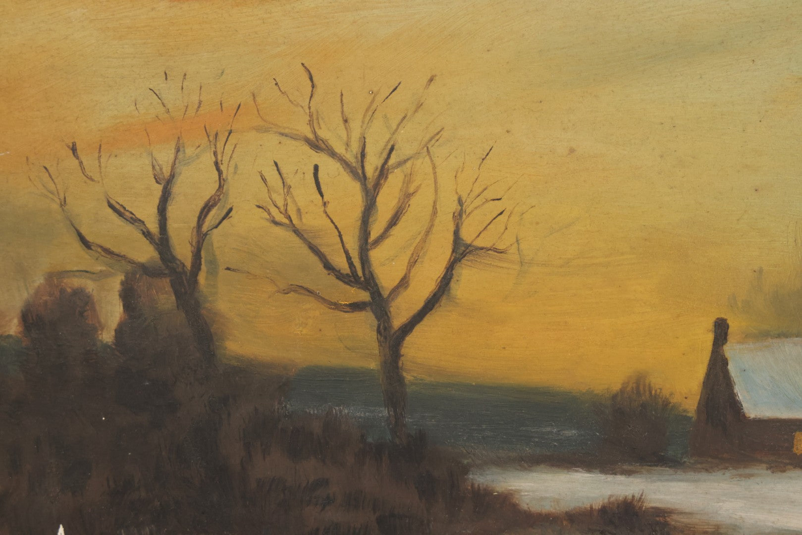 Lot 012 - Antique Oil On Board Painting Of A Winter Country Scene, House At Sunset, Yellow Sky, Barren Trees, 21-/34" x 15-3/4"