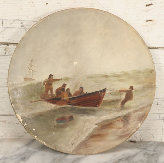 Lot 015 - Antique Painting On Composition Charger, Nautical Scene With Fishermen Arriving At Shore In Dinghy, Tall Ship In Distance, 12" Diameter, Paper Label On Verso, Circa 1880s Note Small Loss At Center Above Horizon