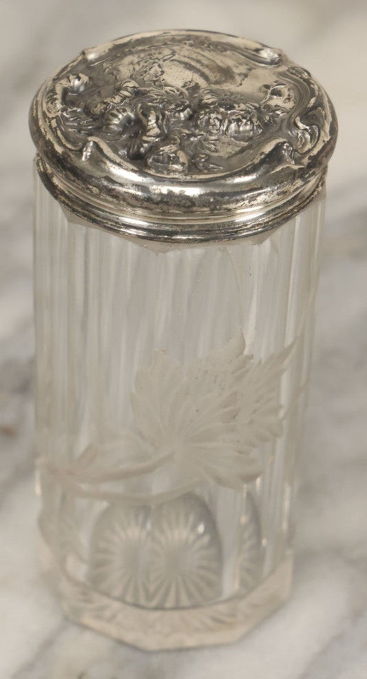 Lot 042 - Antique Etched Glass Powder Shaker With Sterling Silver Art Nouveau Repoussé Lid, Botanical Motif Cut Into Glass, Marked Sterling