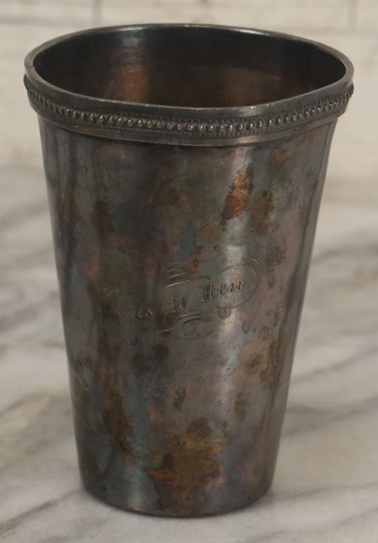Lot 044 - Antique Silver Plate Presentation Drinking Cup With Engraving, "From Gus To Hen"