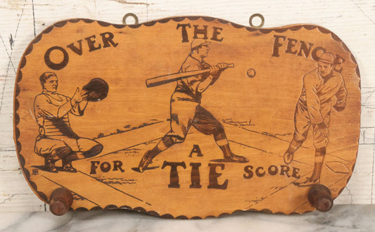 Lot 049 - Antique "Over The Fence" Flemish Art Pyrography Wood Burned Tie Rack With Baseball Home Run Scene, Note Missing Dowel To Hold Ties
