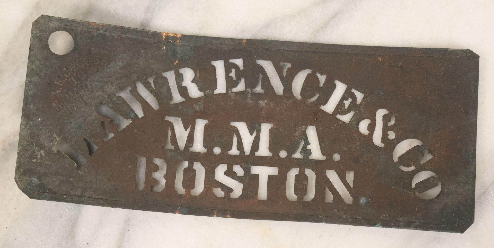 Lot 058 - Antique Brass Lettering Stencil For Lawrence & Co, M.M.A., B ...