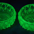 Lot 070 - Pair Of Antique Depression Uranium Vaseline Glass Salt Cellars, Glow Under Blacklight, Note Various Rough Spots, Chipping Around Edges