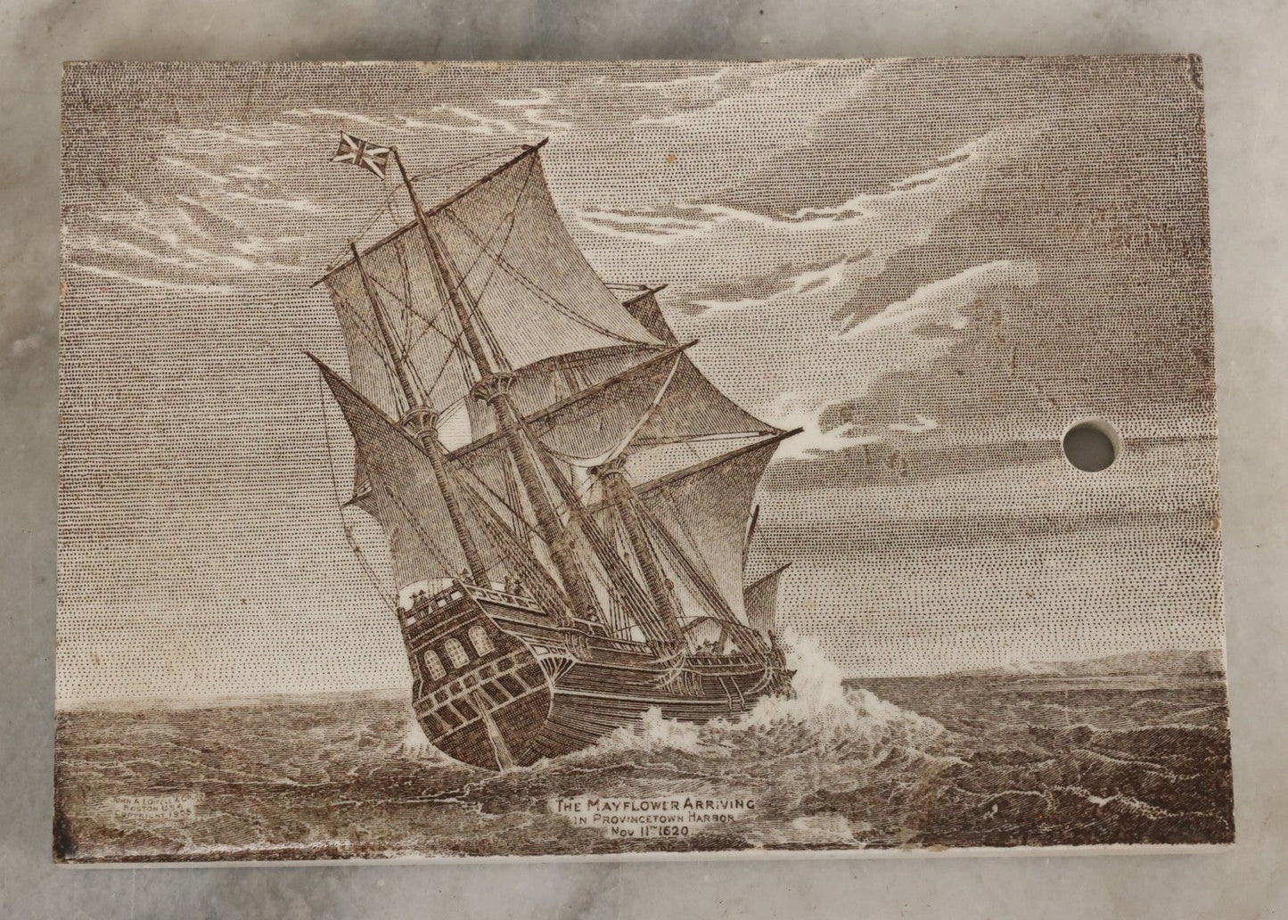 Lot 071 - Antique 1910 Calendar Tile Featuring The Mayflower Arriving In Provincetown Harbor, Advertisement For James McDuffee & Stratton Co., Pottery And Glass Merchants, Boston
