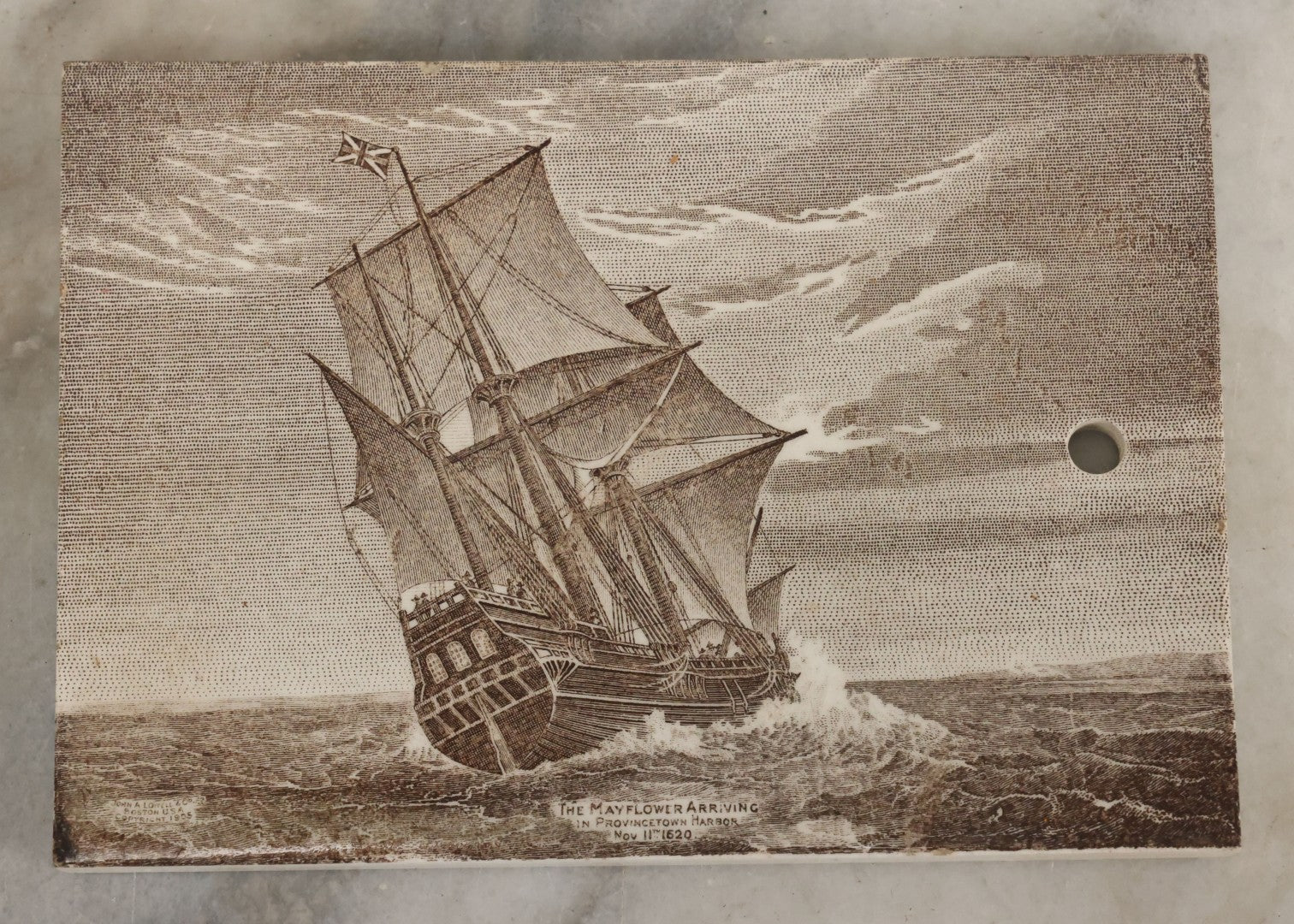 Lot 071 - Antique 1910 Calendar Tile Featuring The Mayflower Arriving In Provincetown Harbor, Advertisement For James McDuffee & Stratton Co., Pottery And Glass Merchants, Boston