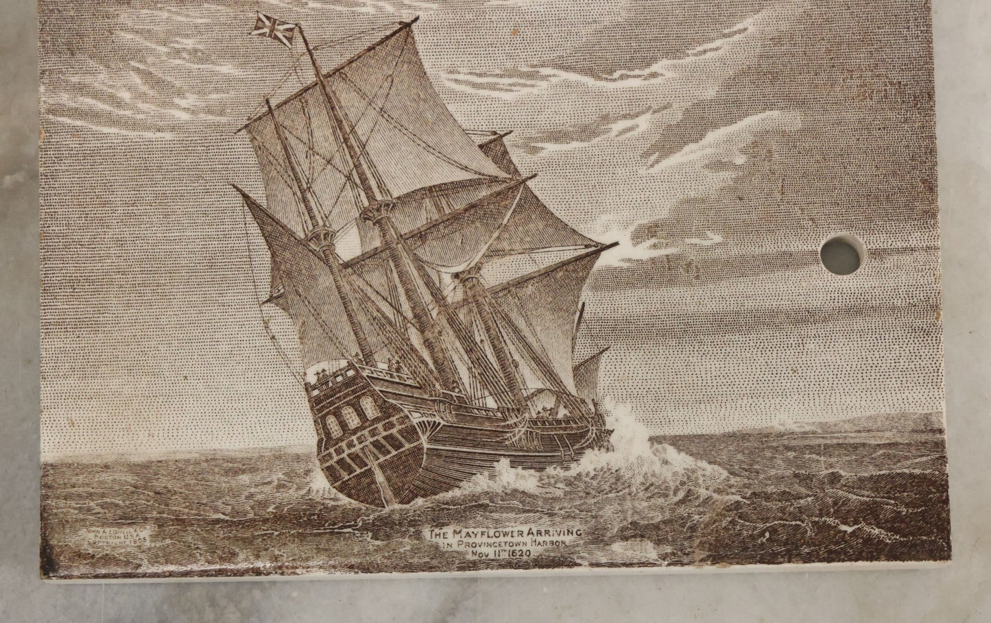 Lot 071 - Antique 1910 Calendar Tile Featuring The Mayflower Arriving In Provincetown Harbor, Advertisement For James McDuffee & Stratton Co., Pottery And Glass Merchants, Boston