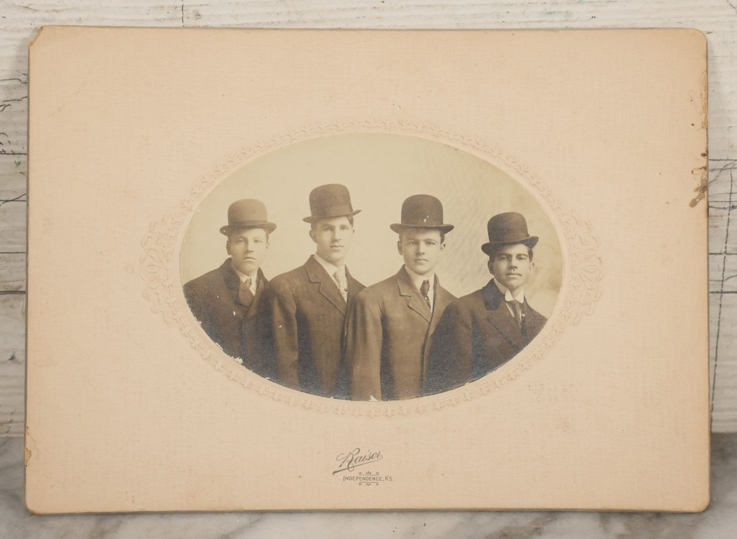 Lot 079 - Antique Boarded Photograph Of Three Men In Bowler Hats, Raisor, Photographer, Independence, Kansas