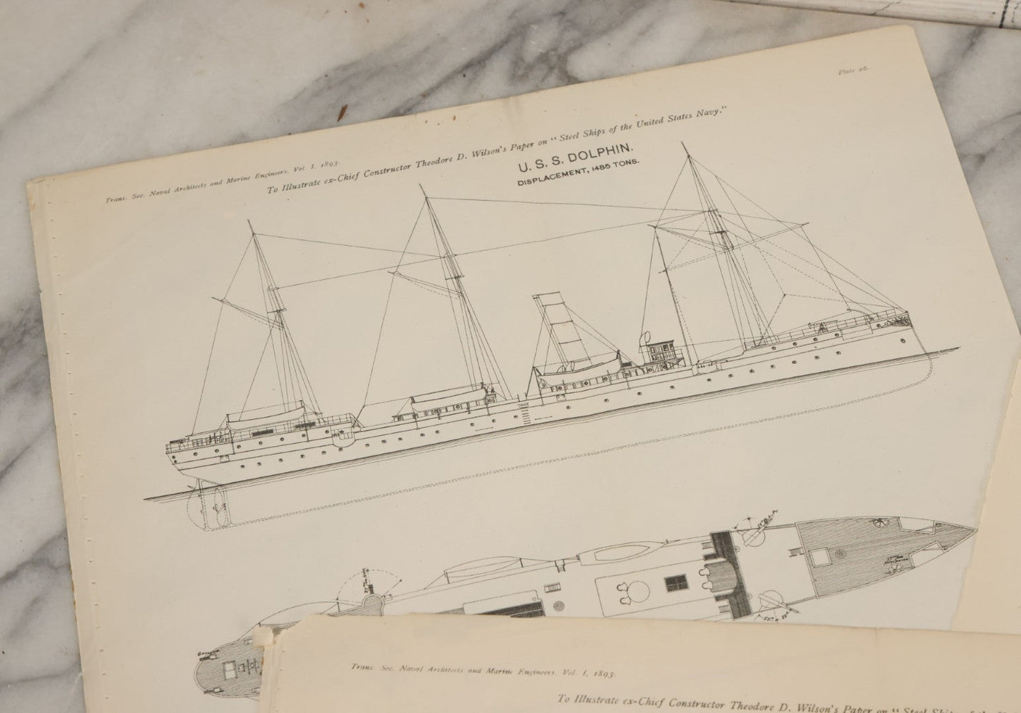 Lot 086 - Grouping Of Four Antique Maritime Navy Ship Diagrams Including The U.S.S. Dolphin, U.S.S. Puritan, U.S.S. Vesuvius, And U.S.S. Atlanta, From Trans Soc. Naval Architects And Marine Engineers, Vol. I, 1893