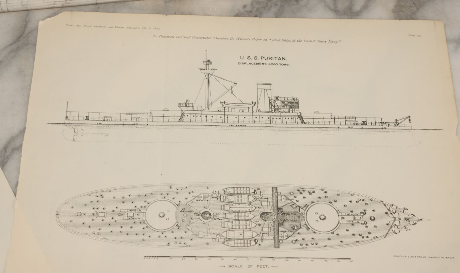 Lot 086 - Grouping Of Four Antique Maritime Navy Ship Diagrams Including The U.S.S. Dolphin, U.S.S. Puritan, U.S.S. Vesuvius, And U.S.S. Atlanta, From Trans Soc. Naval Architects And Marine Engineers, Vol. I, 1893