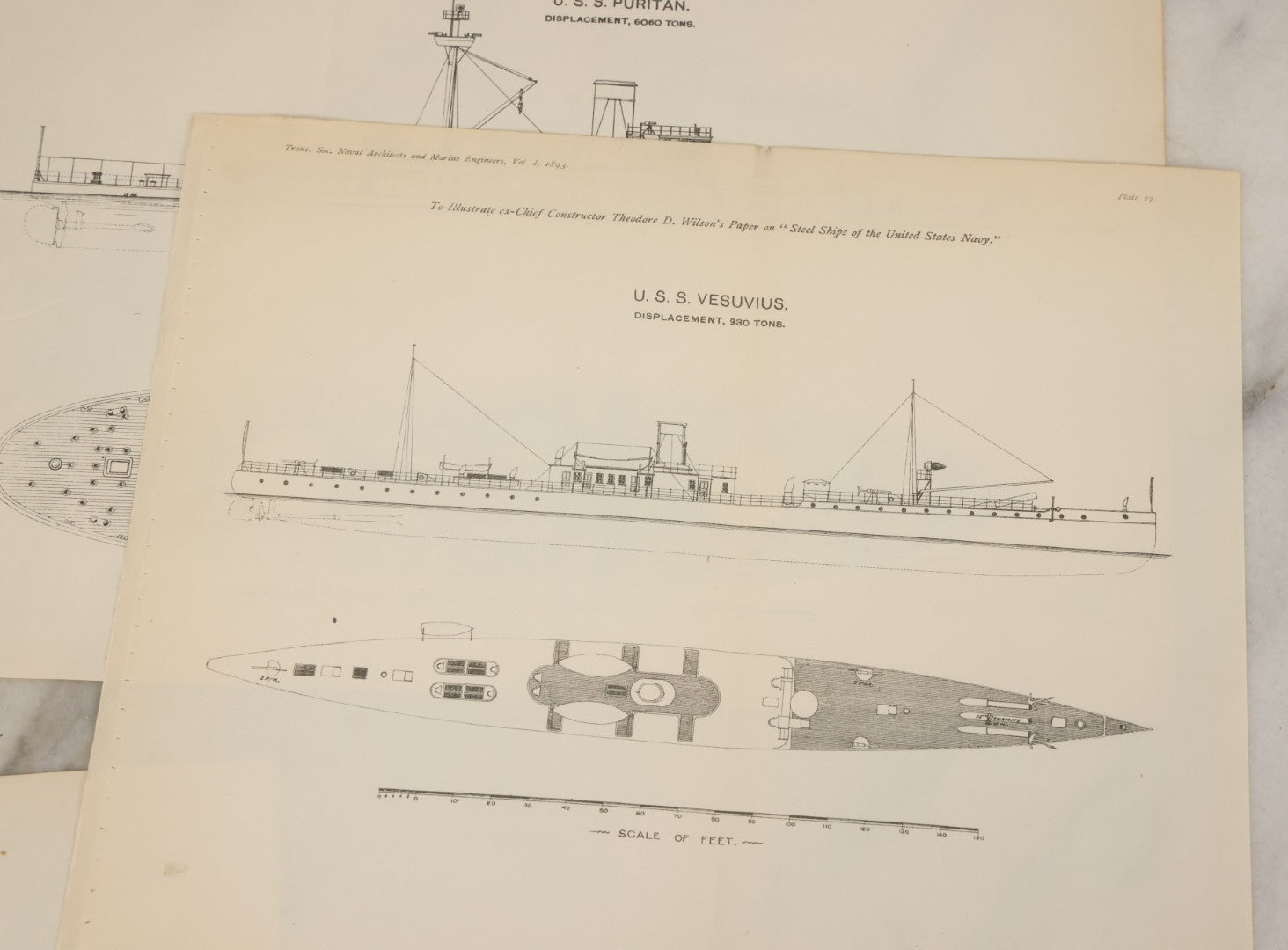Lot 086 - Grouping Of Four Antique Maritime Navy Ship Diagrams Including The U.S.S. Dolphin, U.S.S. Puritan, U.S.S. Vesuvius, And U.S.S. Atlanta, From Trans Soc. Naval Architects And Marine Engineers, Vol. I, 1893