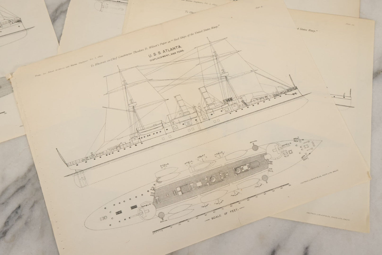 Lot 086 - Grouping Of Four Antique Maritime Navy Ship Diagrams Including The U.S.S. Dolphin, U.S.S. Puritan, U.S.S. Vesuvius, And U.S.S. Atlanta, From Trans Soc. Naval Architects And Marine Engineers, Vol. I, 1893
