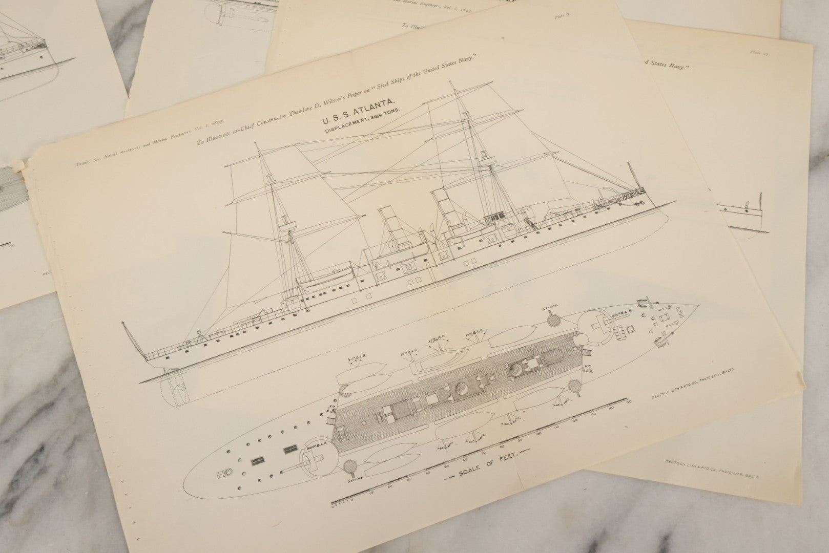 Lot 086 - Grouping Of Four Antique Maritime Navy Ship Diagrams Including The U.S.S. Dolphin, U.S.S. Puritan, U.S.S. Vesuvius, And U.S.S. Atlanta, From Trans Soc. Naval Architects And Marine Engineers, Vol. I, 1893