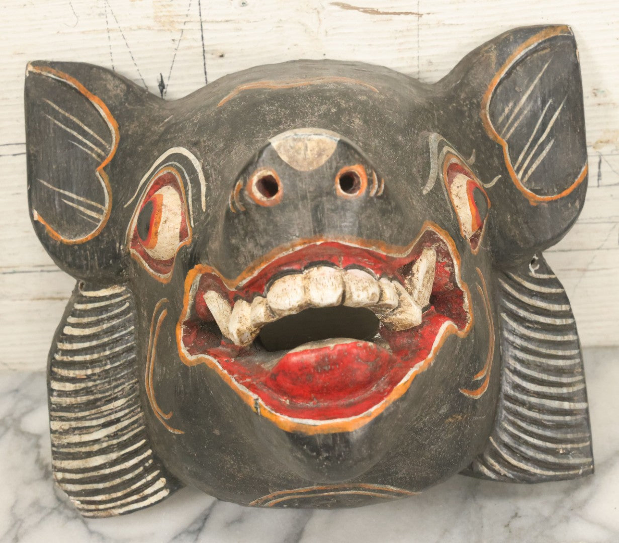 Lot 007 - Vintage Grinning Bat Mask, Hand Carved Wood, Hand Painted, With Wire Hanger