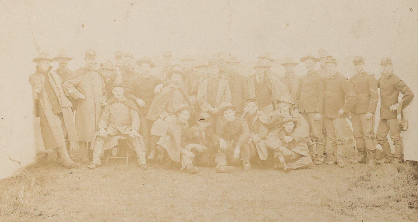 Lot 135 - Antique Boarded Photograph Of Grouping Of Soldiers Posing Beside Tents With Their Dog, Likely Civil War Era, Harry W. Brown Pictures And Picture Framers, Boston