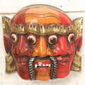 Lot 010 - Vintage Eastern Triple Face God Mask With Red And Orange Faces, Gold Accent Paint, Hand Carved Wood, Hand Painted, With Wire Hanger