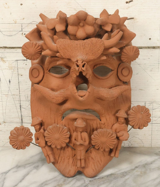 Lot 016 - Vintage Unpainted Red Clay Mexican Folk Art Mask, Made In Mexico Sticker On Verso, With Posable Wire Attached Adornments, With Wire Hanger