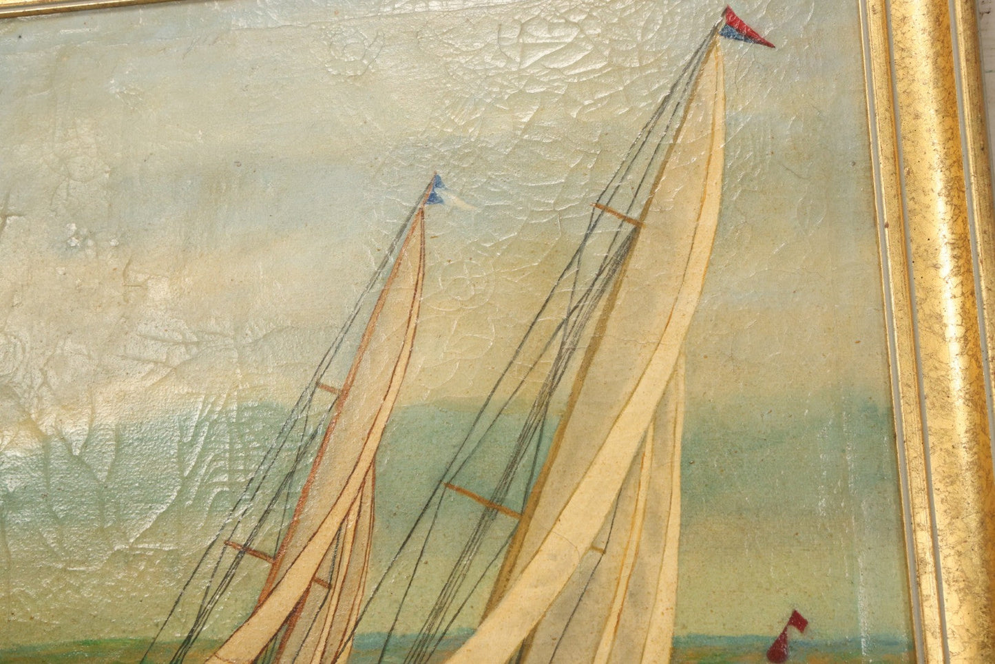 Lot 031 - Vintage Oil On Canvas Painting Of A Sailboat Race, Titled "Racing" Lower Left, Artist Signed C.E. Holmes, Dated 1933, Note Varnish Staining And Minor Losses, In Frame, 18-3/4" x 21-3/4"