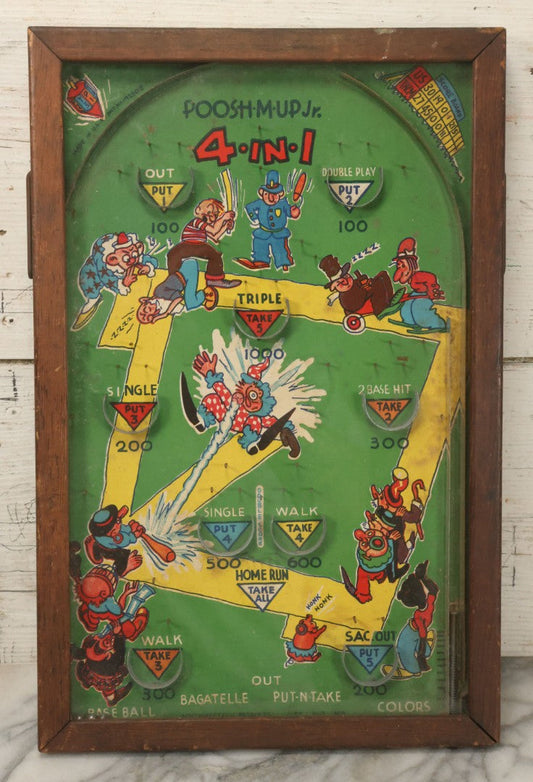 Lot 041 - Vintage Tabletop Baseball Pinball Game "Poosh-M-Up Jr. 4-In-1" With Clowns Playing Baseball, By Northwestern Products, St. Louis, Missouri, Made In Usa, 11-1/4" x 17-1/4"