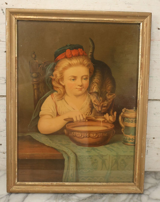 Lot 042 - Antique Chromolithograph Of Little Girl Sharing Soup With Kitten, In Gold Painted Frame, 13-5/8" x 17-5/8"