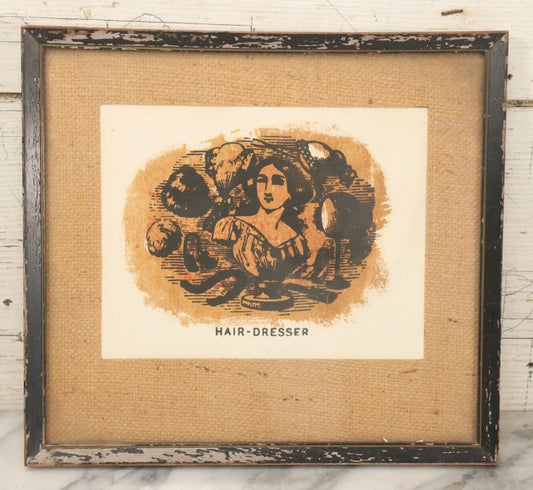 Lot 045 - Vintage Hairdresser Decorative Art Screen Printed On Faux Leather With Burlap Mat, In Frame, 11-3/4" x 10-5/8"