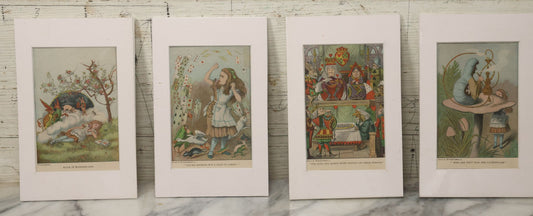 Lot 056 - Grouping Of Four Vintage Full Color Bookplates From Lewis Carroll's Alice In Wonderland, Including Alice, The Caterpillar, The Queen, And More, Matted And Shrink Wrapped