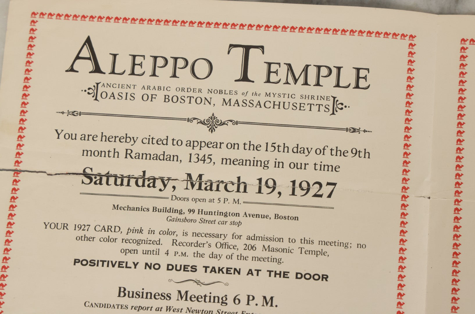 Lot 060 - Vintage Aleppo Temple Ceremonial Shriners Freemasons Pamphlet March 1927, With Egyptian Motif, Note Tear
