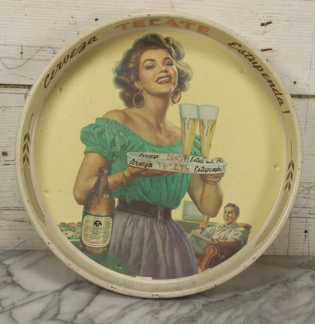 Lot 068 - Vintage Tecate Cerveza Estupenda Tin Lithograph Advertising Beer Tray, 13-1/8" Diameter