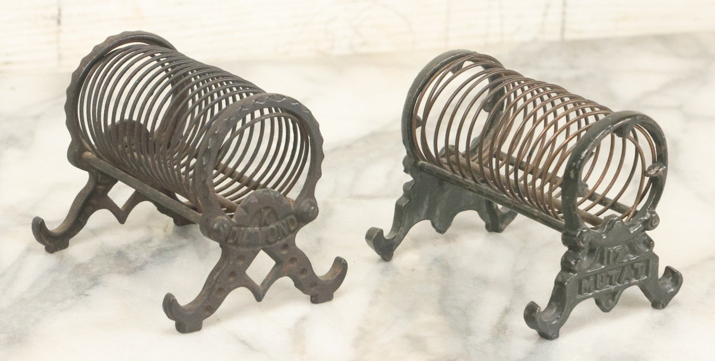 Lot 071 - Pair Of Vintage Cast Iron Spring Coil Letter Holders With Legs, Boots, One By K. Diamond, One By Mutat, No. 17 In Old Green Paint