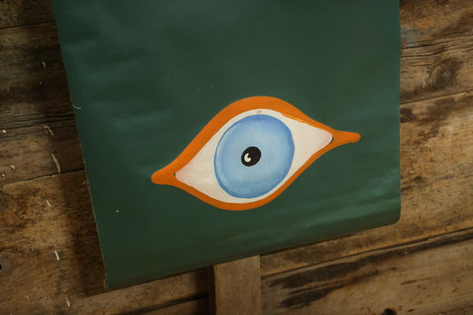 Lot 080 - Vintage Hand Painted Eyeball Art On Green Vinyl Window Blind,  26" Across x 73" Long Unrolled Including Hangers