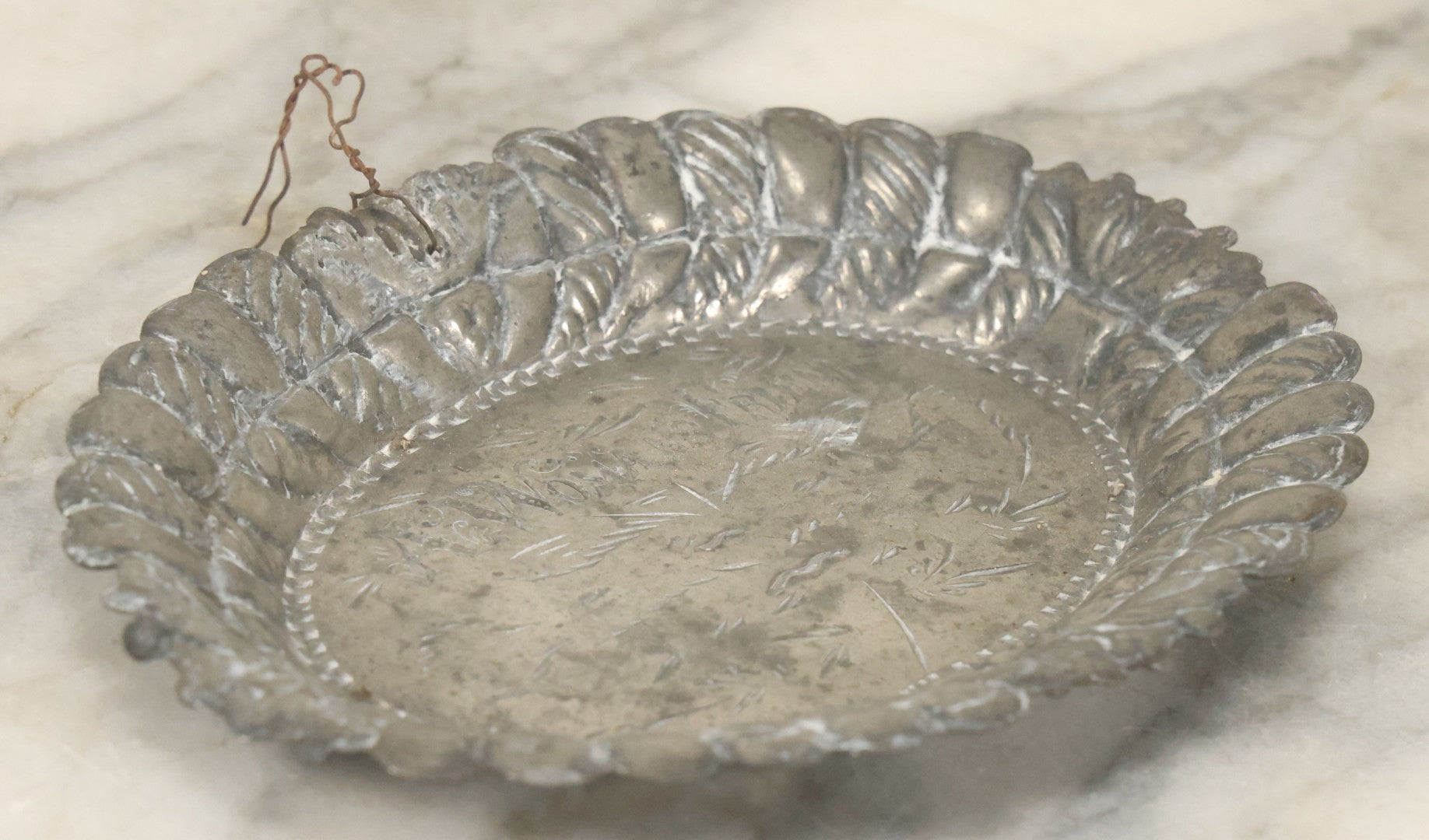 Lot 082 - Antique Silverplate Engraved Decorated Pin Dish, "A Woman's Friend", With Wire Hanger