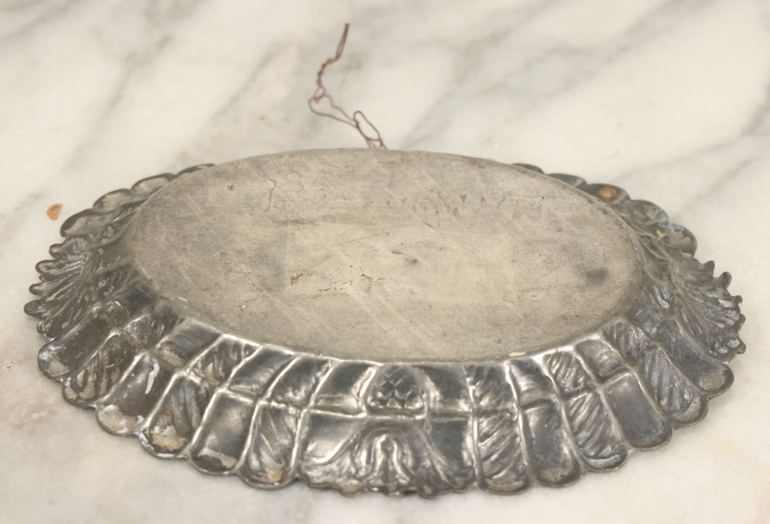 Lot 082 - Antique Silverplate Engraved Decorated Pin Dish, "A Woman's Friend", With Wire Hanger