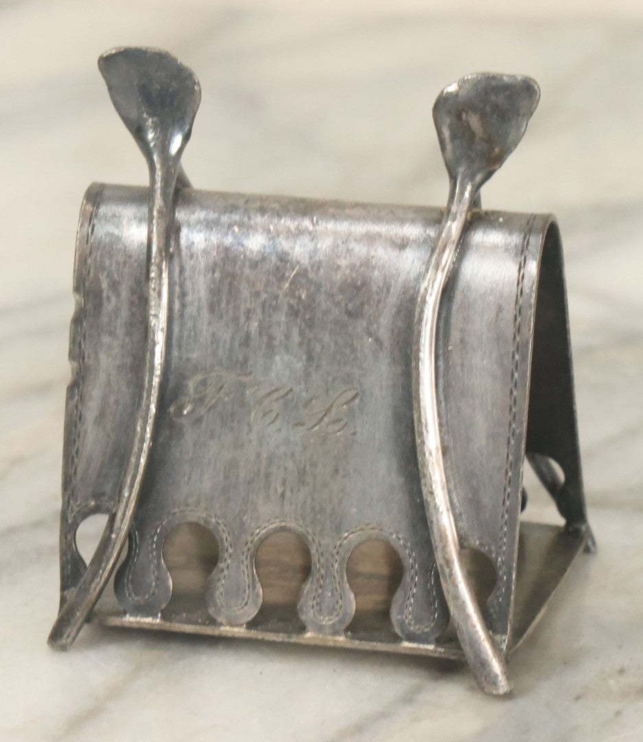 Lot 084 - Antique Silverplate Best Wishes, Good Luck Napkin Ring And Kniferest With Dual Wishbone Motif, By Wilcox Silverplate Co., Meriden, Connecticut, No. 4347, With Monogram On Back